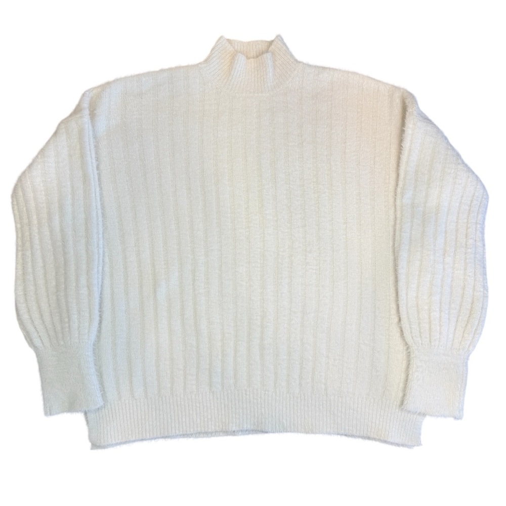 Jessica Simpson Ivory Fuzzy Ribbed Dolman Sweater Med, Mock Neck Slouchy Cozy